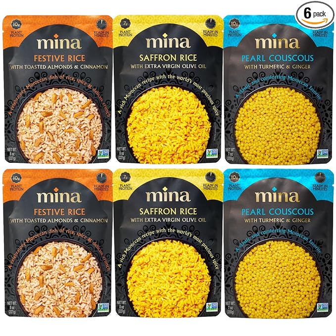 Mina Saffron Rice, Festive Rice, Pearl Couscous, Variety Pack of 6, Ready to Eat, Microwavable, Couscous Pearls, Side Dishes, Vegan Protein, Non-GMO, Kosher