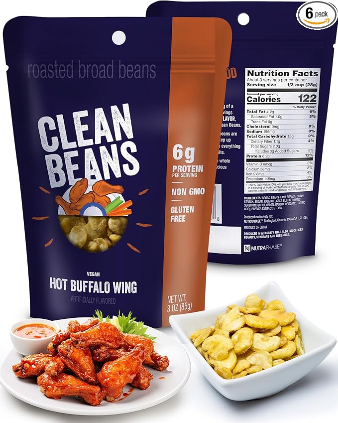 Clean Beans Broad Fava Beans Snack - Hot Buffalo Wing Flavor, 6g Protein, Low Sugar, Non-GMO, Non-Gluten - On The Go Office Snack - Nutraphase, 85g x 6-Count