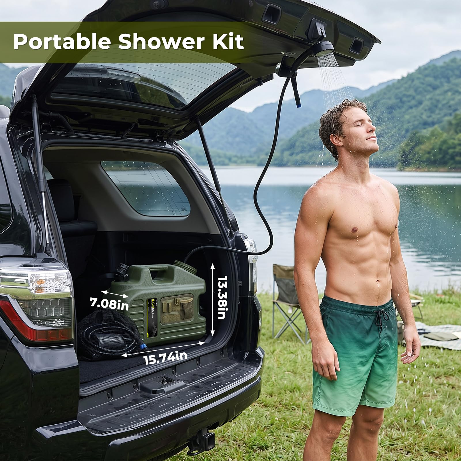 Portable Camping Shower with 5 Gallon Water Jug, 8000mAh Rechargeable Camp Shower Kit, IPX8