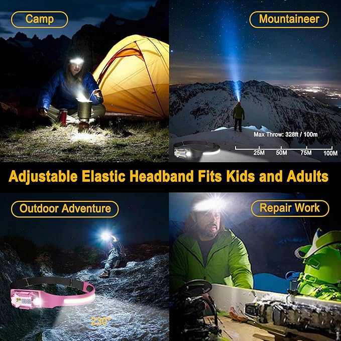 Head Lamp Led Rechargeable, 230° Wide Beam Sensing COB Headlamp Flashlight Detachable, 9 Light Modes, Hard Hat Lamp, IP65 Waterproof 400 Lumens for Camping, Hiking, Fishing, Working, Gift (Pink)