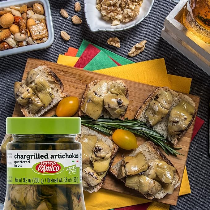 FRATELLI D'AMICO - Chargrilled Artichokes, Quartered in Oil, Grilled, Naples Style, 9.9oz (280g) NON-GMO (Pack of 2)