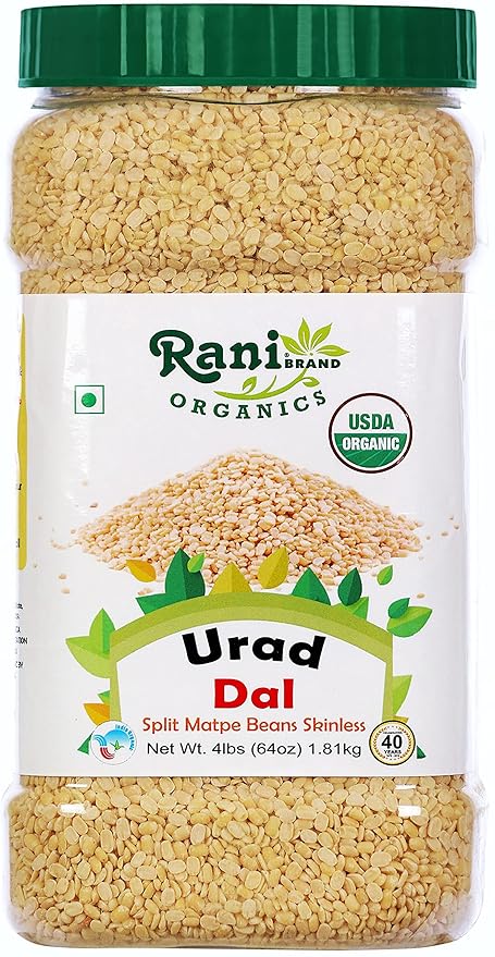Rani Organic Urid/Urad Dal (Split Matpe Beans Skinless) Indian Lentils 64oz (4lbs) 1.81kg Bulk PET Jar ~ All Natural | Vegan | Gluten Friendly | NON-GMO | Indian Origin | USDA Certified Organic
