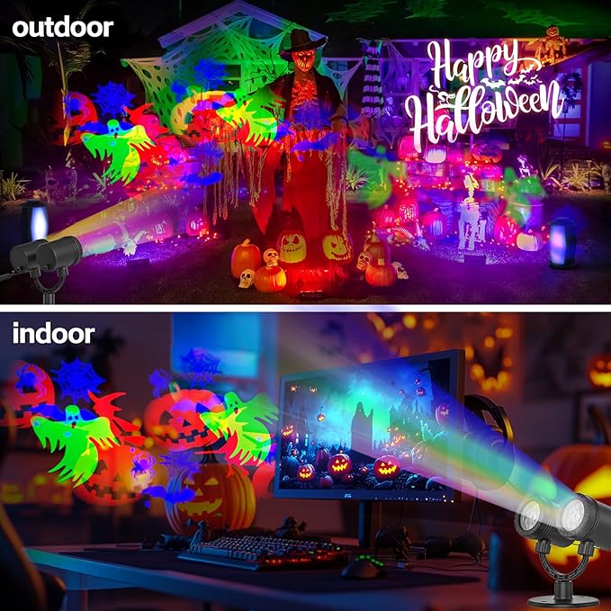 Halloween Projector Outdoor Waterproof Dynamic with Glowing Spiders Bats Waterproof Double Head Halloween Projector Lights Holiday for Decoration Yard Wall Party