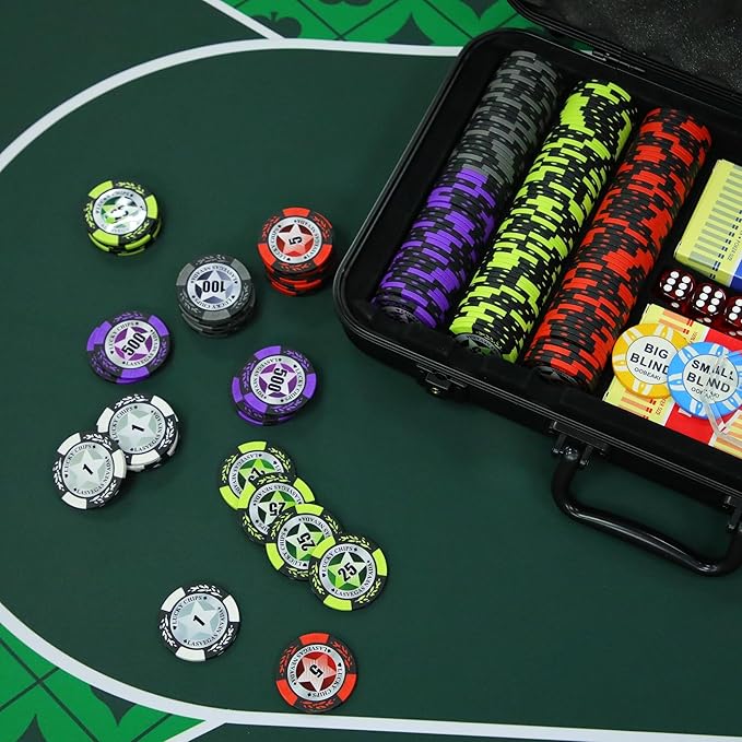 ORIENGEAR Poker Chip Set with Denominations, 300 PCS 14 Gram Clay Composite Casino Chips with ABS Case & 2 Decks of Plastic Cards, for Texas Holdem Blackjack Gambling Games