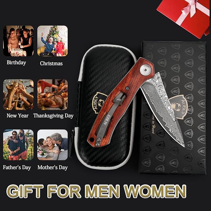 AUBEY Damascus Folding Pocket Knife Handmade with Clip for Men, Damascus Hunting Knife EDC Knife with Liner Lock for Outdoor Survival Camping Collection, Wooden Handle