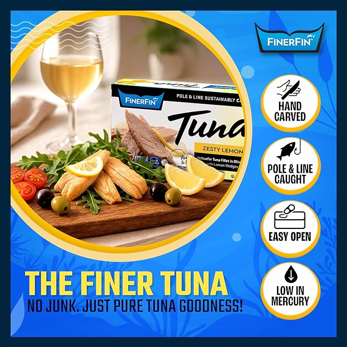 FinerFin Yellowfin Tuna Salad in Organic Olive Oil | Zesty Lemon Flavor | Premium Canned Tuna Fish with EVOO | Gourmet Ready-to-Eat Wild-Caught Fillets | 4.4oz can - 6 Pack