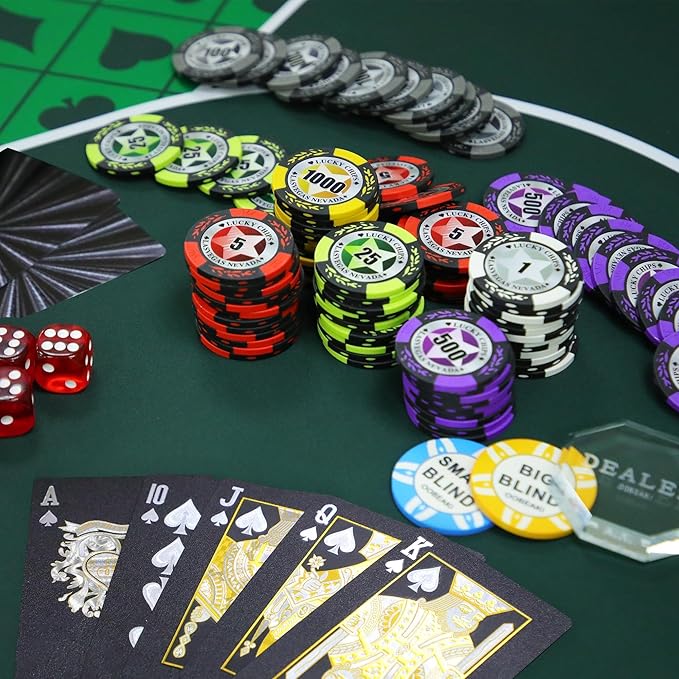 ORIENGEAR Poker Chip Set with Denominations, 500 PCS 14 Gram Clay Composite Casino Chips with ABS Case & 2 Decks of Plastic Cards, for Texas Holdem Blackjack Gambling Games