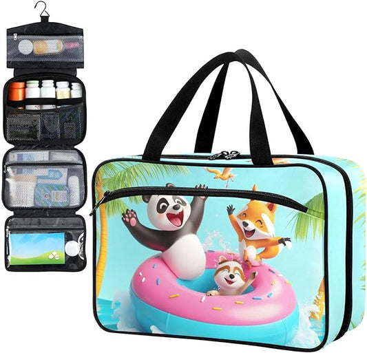 Fustylead Cute 3d Happy Panda Fox Raccoon at Pool Travel Medicine Organizer Bag Home Storage First Aid Kit Large Pill Case with Zipper for Pill Bottle, Vitamins, and Medical Supplies