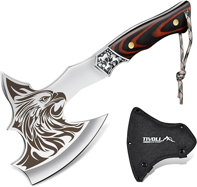 TIVOLI Camping Axe, Eagle - Patterned Survival Hatchet with Nylon Sheath, High Carbon Steel Blade Compact Outdoor Bushcraft Axe with Ergonomic Wood Grip, Camping Gear for Hiking, Chopping, Hunting