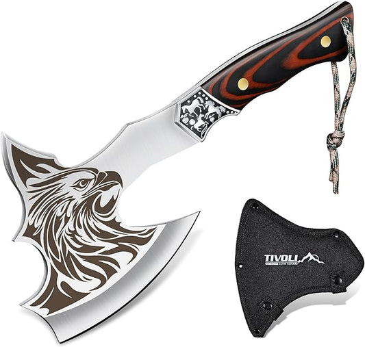 TIVOLI Camping Axe, Eagle - Patterned Survival Hatchet with Nylon Sheath, High Carbon Steel Blade Compact Outdoor Bushcraft Axe with Ergonomic Wood Grip, Camping Gear for Hiking, Chopping, Hunting
