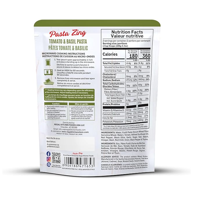 Pasta Zing Tomato & Basil Pasta, Pack of 7, 7.05 Ounce | Ready To Eat in 60 Sec | Made with 100% Italian Durum Wheat | Natural Ingredients | Classic & Flavorful | Easy Meal & Side Dish