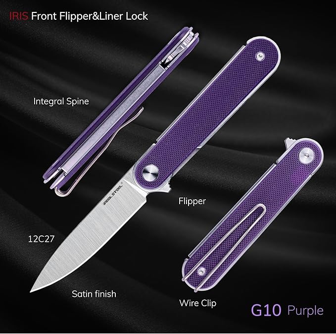 REALSTEEL IRIS Pocket Knife, Folding Knife, Flipper, Liner Lock, 2.99" 12C27 Steel Blade, Lightweight G10 Handle, 1.74oz, Deep-carry Pocket Clip, EDC Outdoor Indoor, Gifts for Men Women Camping Hiking Climbing Fishing (Purple G10)