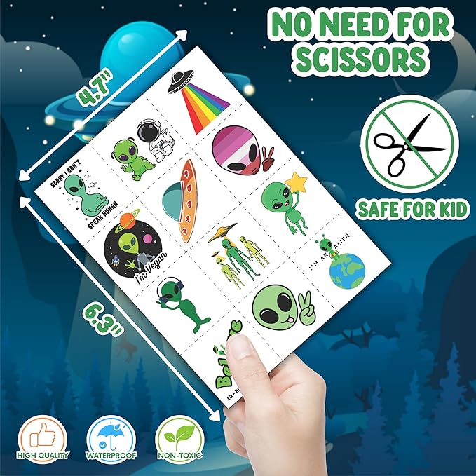 72 PCS Alien Party Favors 48 Tattoos Sticker and 24 Slap Bracelets Wristbands Perfect for Space Themed Birthday Baby Showers or Classroom Rewards Ideal Decor and Gifts for Girls and Boys