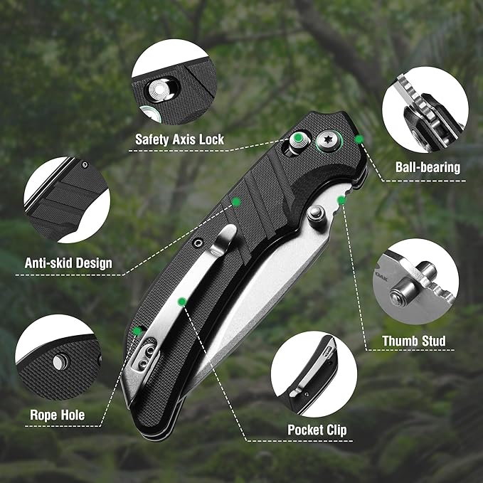 Mossy Oak Folding Pocket Knife, 4" Stonewash Stainless Steel Blade EDC Knife, G10 Handle with Axis Lock & Pocket Clip, Small Tactical Survival Knife for Hiking, Hunting, Outdoor Gifts for Men & Women