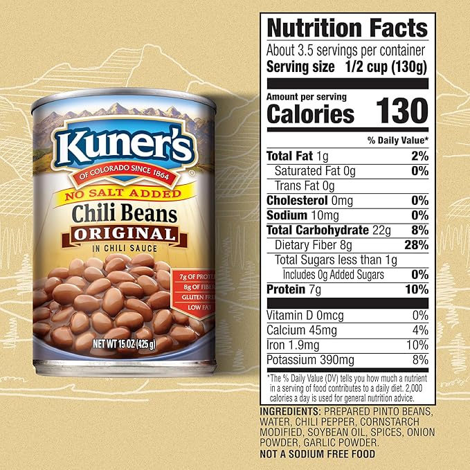Kuner's No Salt Added Canned Chili Beans, Plant Protein and Fiber, Gluten Free, Vegan, Fat Free, 12 Pack of 15 oz Cans…