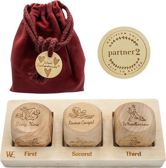 Date Night Dice Game Love Set - 3 Positions Dice, Decision Coin, Board & Carry Bag - Date Night Gifts for Couples Games, Bachelorette Party Favors, Bridal Shower Gifts Couples Gift for Him and Her