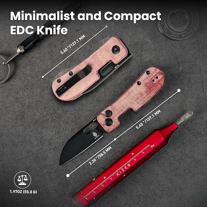 Kizer Banish Pocket Knife, Nitro-V Steel Blade, Linen Micarta Handle, Folding Knife with Reversible Clip, Small EDC Knife for Men Women, Camping Hunting Survival Hiking Fishing, V2676A4