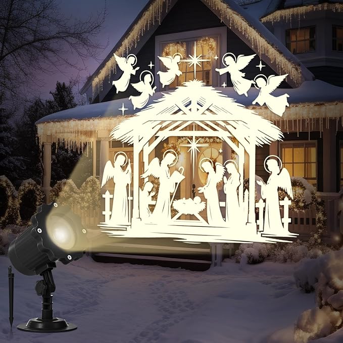 Treela Christmas Nativity Projector Lights Outdoor Dynamic Religious Christian Jesus Lights Decoration Outside Indoor LED Landscape Lamp for Holiday Garden Supplies