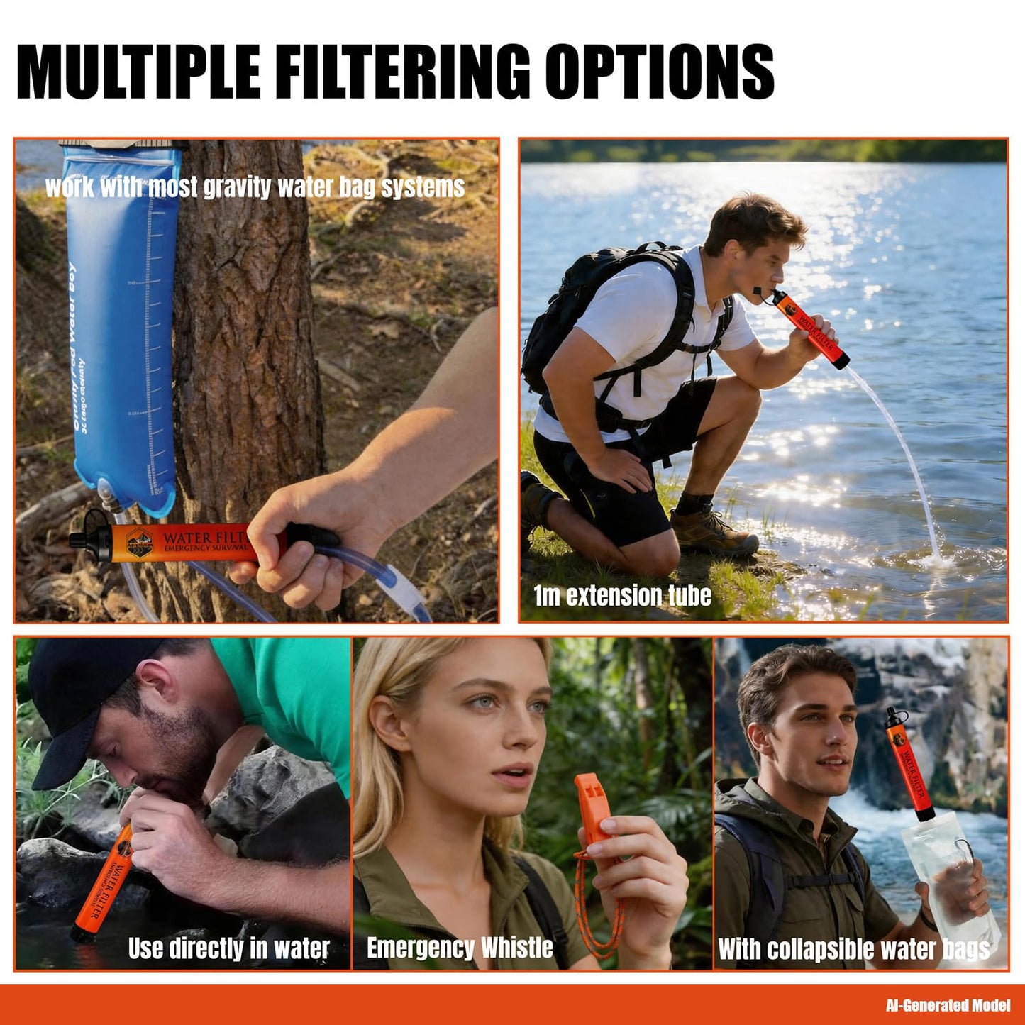 5-Pack Personal Water Filter Straw with Emergency Whistle, Portable Reusable Survival Filter for