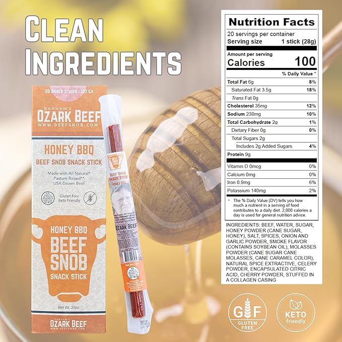 Beef Snob Snack Sticks - Honey BBQ Flavor - 1 Ounce Snack - 20 Meat Sticks Per Box - High Protein Snack, Keto Friendly, Gluten Free Jerky Sticks