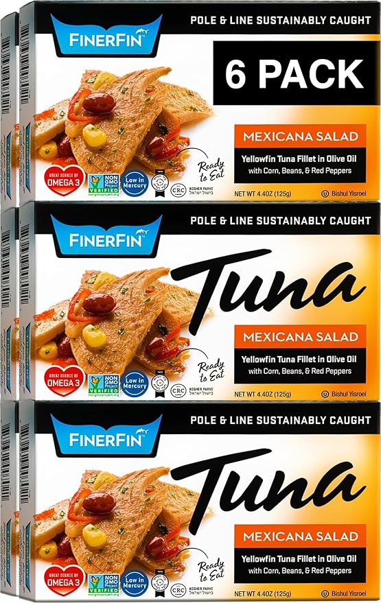 FinerFin Yellowfin Tuna In Organic Olive Oil ??Mexicana Salad Flavor (4.4oz can - 6 Pack); Premium Canned Fish with EVOO, Gourmet Ready-to-Eat Fillets, Wild-Caught
