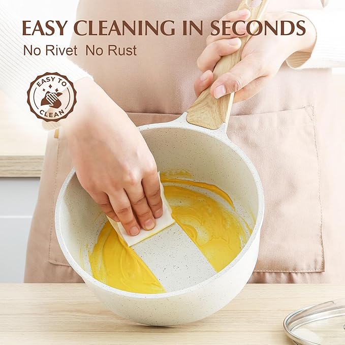 SENSARTE White Ceramic Nonstick Saucepan with Lid 1.5 Quarts, Small Cooking Pot with Stay Cool Handle, Induction Compatible Saucepot, White Granite Coating, Free of Intentionally Added PTFE/PFOA/PFAS