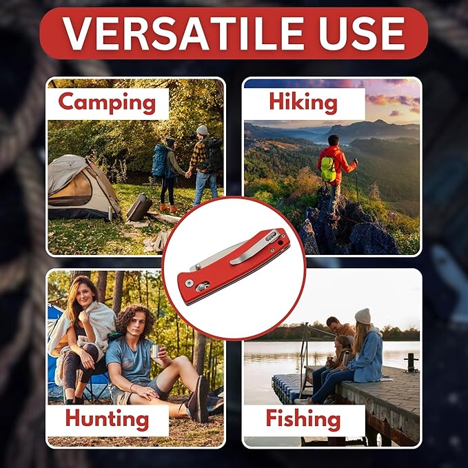 Rite Edge Premium Folding Pocket Knife 4.25" With Stainless Steel Blade, G10 Handle, Belt Clip - Camping Outdoor Utility Folder, Father's Day Gift - Red