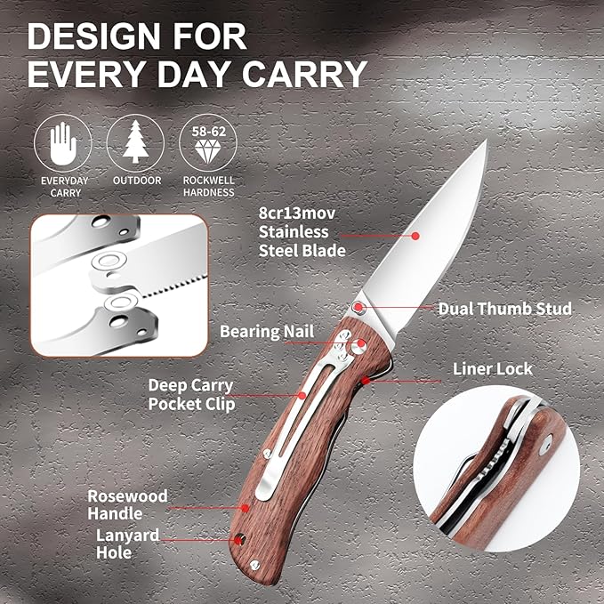 Vickay Pocket Knife for Men, Folding Knife with Clip, 3.74" 8Cr13MoV Steel Blade, Wood Handle EDC Knife for Outdoor Capmping, Tactical, Hunting and Fishing Gift