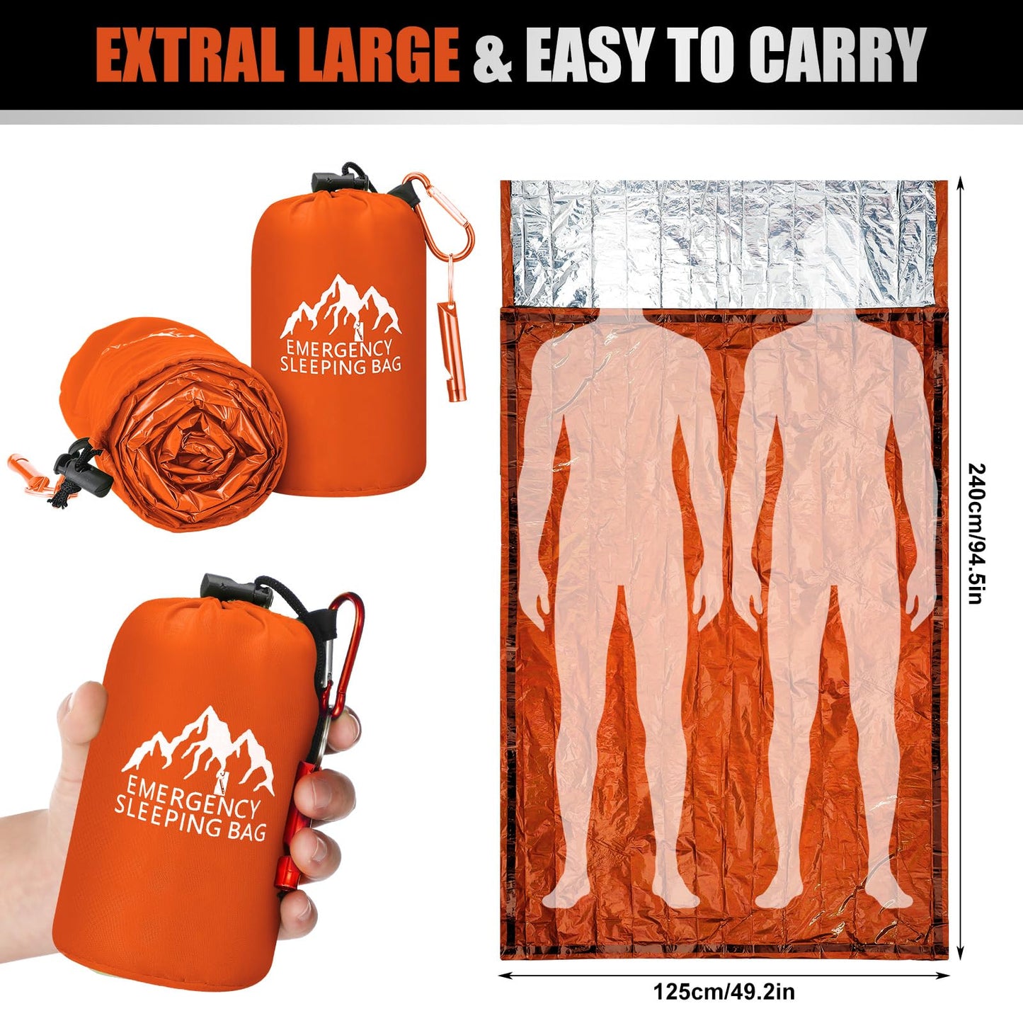 Oudain 6 Pcs XL Emergency Sleeping Bag 94.5" x 49.2" Waterproof Survival Sleeping Bag with Whistle