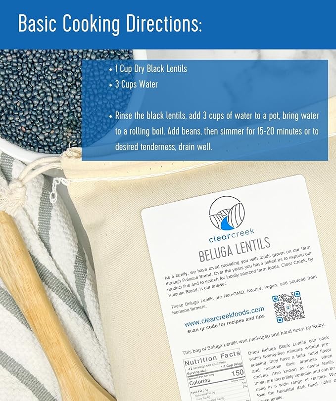 CLEAR CREEK Black Lentils | Caviar or Beluga Lentils | 25 lbs | Project Non-GMO Verified | Kosher | Vegan | Non-Irradiated