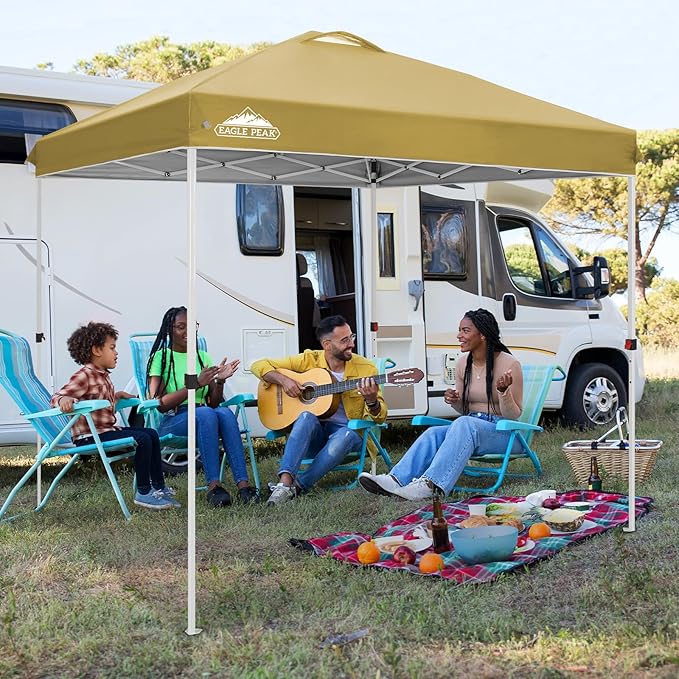 EAGLE PEAK Pop Up Canopy Tent with Wheeled Carry Bag, 8 Stakes, 4 Ropes, Easy Set Up Tent Canopy, 8x8 ft, Beige