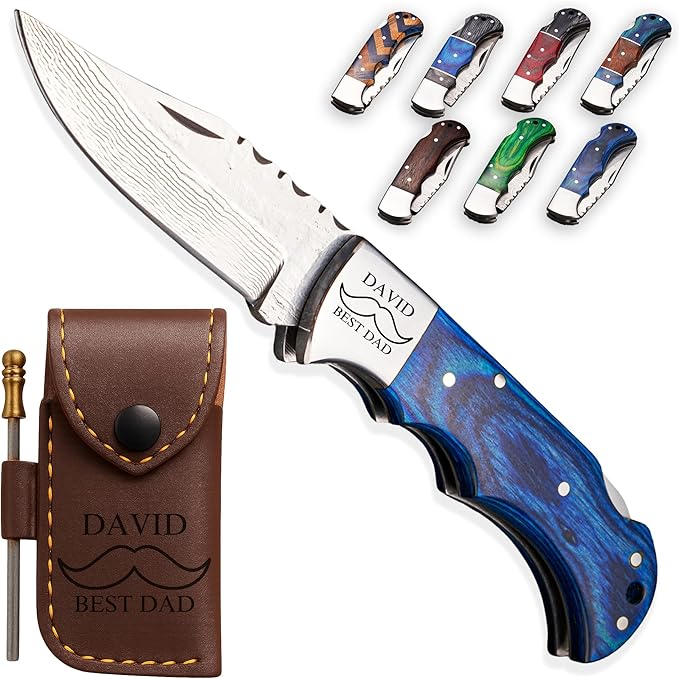 Personalized Folding Knife - Damascus Blue Pocket Knife, Engraved Gift for Dad, Son, Husband, Boyfriend, Groomsmen, Perfect Birthday, Father’s Day, Anniversary Present, Christmas Gift