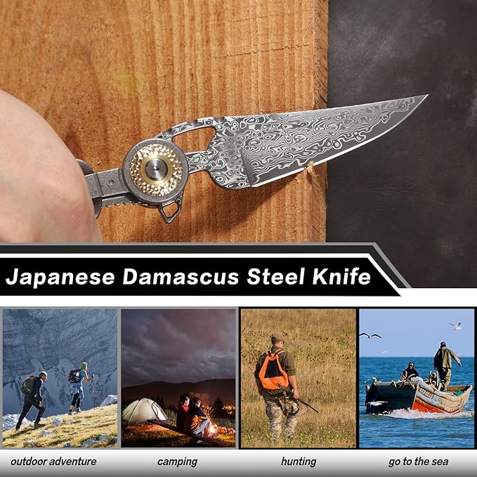 Handmade Damascus Steel Folding Pocket Knife，Feather shape 3.4in Blade Men's Pocket Knife，With knife sheath，Ebony Handle，Home & Outdoor EDC knife