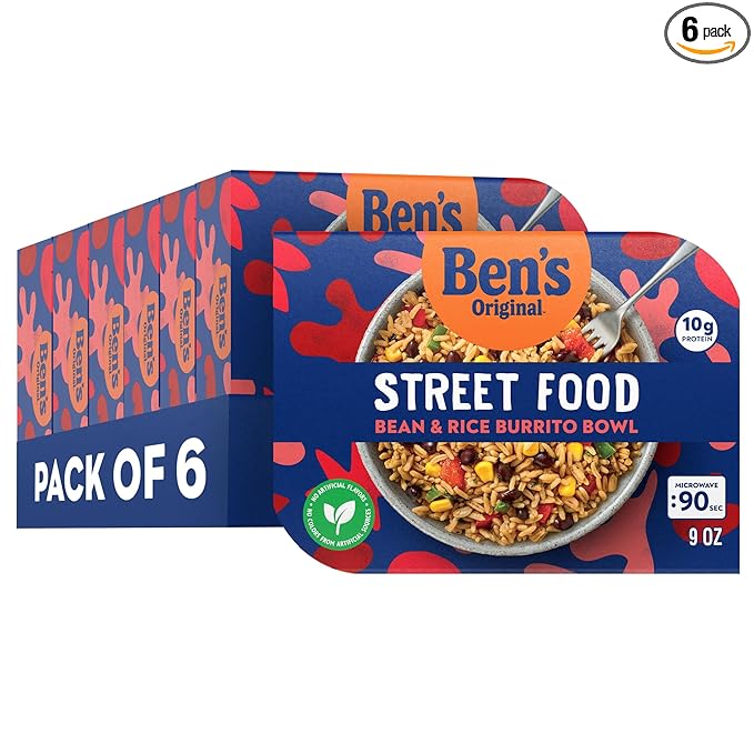 BEN'S ORIGINAL Street Food Bean & Rice Burrito Bowl, Prepared Entrée, Microwave in 90 Seconds, 9 oz (Pack of 6)