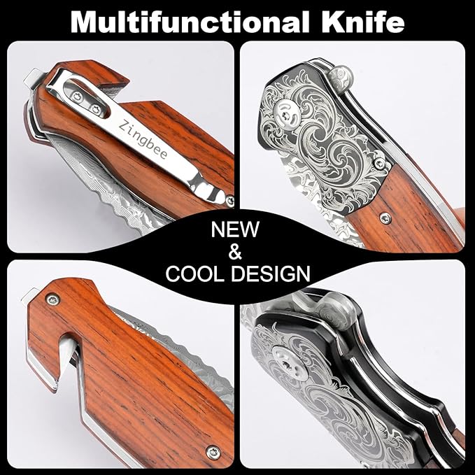 Pocket Knife with Glass Breaker, EDC Damascus Folding Knife with Seatbelt Cutter, 3.35" VG10 Damascus Steel Blade Multitool Pocket Knives with Wood Handle
