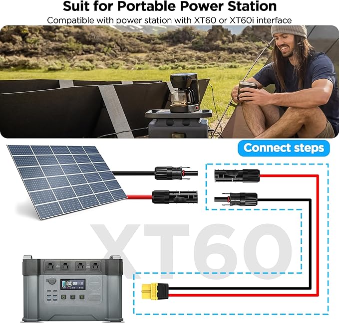 Mc4 to Xt60, 10FT Xt60 Connector Solar Charge Cable, 12AWG Pure Copper Solar Panel Mc4 to XT60 Extension Adapter Cable, Waterproof Connectors, for Solar Panel to Battery, RV, Portable Power Station
