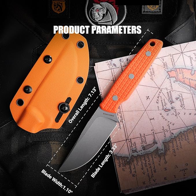 Vosteed Mink EDC Fixed Blade Knife - 3.33?™â€?Nitro-V Dual Jimping Blade with Sheath, Full-Tang Orange Handle, Great for Outdoor Camping - D0105