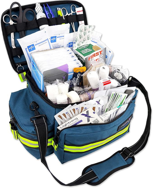 Lightning X Products Lightning X Mid-Sized First Responder EMT Bag | LXMB25 Fully Stocked Aid Kit w/ 200+ BLS Supplies - Blue
