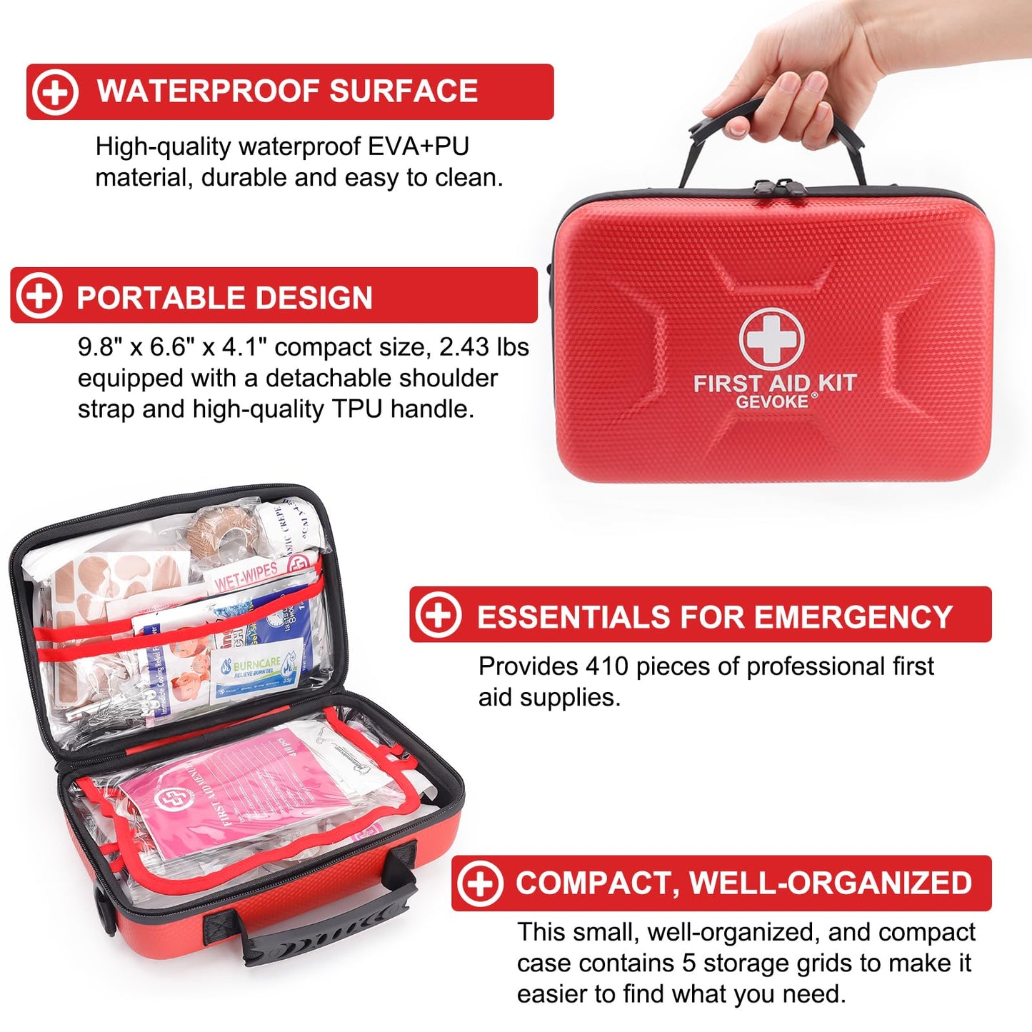 Gevoke 410 Piece Waterproof Hard Shell First Aid Kit, Red