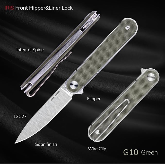 REALSTEEL IRIS Pocket Knife, Folding Knife, Flipper, Liner Lock, 2.99" 12C27 Steel Blade, Lightweight G10 Handle, 1.74oz, Deep-carry Pocket Clip, EDC Outdoor Indoor, Gifts for Men Women Camping Hiking Climbing Fishing (OD Green G10)