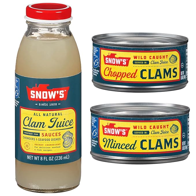 Snow's Clams Pantry Bundle - 1 Bottle Clam Juice, 1 Can Chopped Clams, and 1 Can Minced Clams - Clams for Chowders, Soups, and Stews