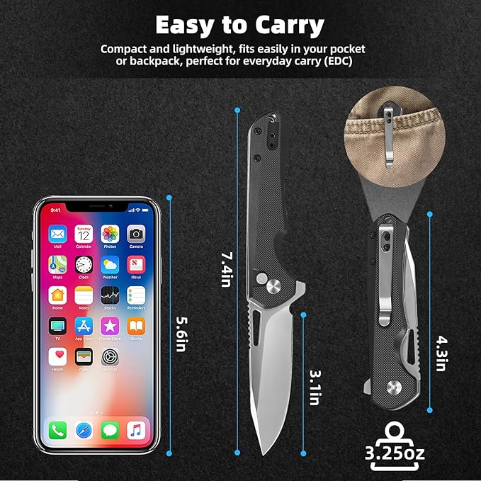 ZENG Folding Pocket Knife, 3.15" D2 Steel Blade Pocket knives, G10 Handle Small EDC Knife, Liner Lock knife, Pocket Knife with Clip for Men Women, Sharp Pocket knive for Camping Hiking Hunting (Black)