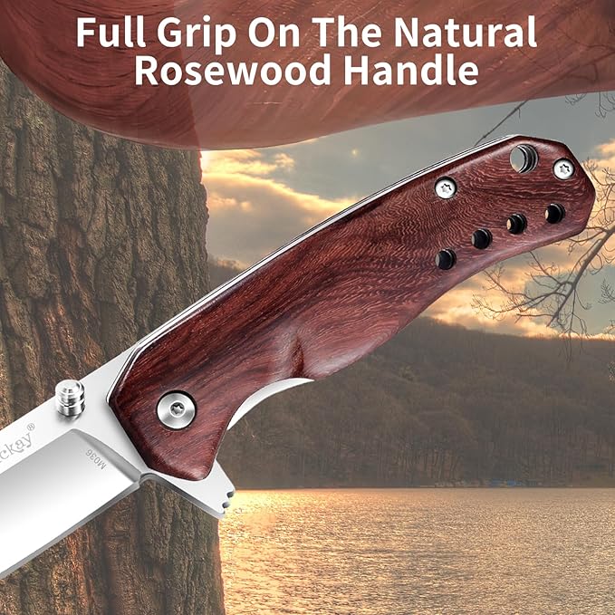 Vickay Pocket Knife for Men, Folding Knife for Women with Clip, 2.9inch 8Cr13MoV Steel Blade, Wood Handle EDC Knife for Camping, Tactical, Hunting, Camping, Hiking and Everyday Carry