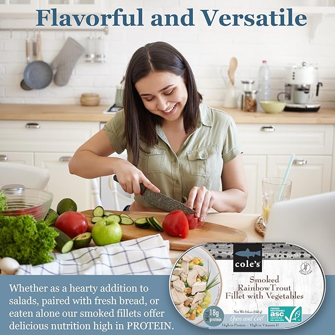 COLE’S - Smoked Rainbow Trout Fillet with Vegetables | Ready to Eat Meal | 5.6 oz Hand-Packed Canned Fish | 18g Protein | High in Vitamin D | 6 pack