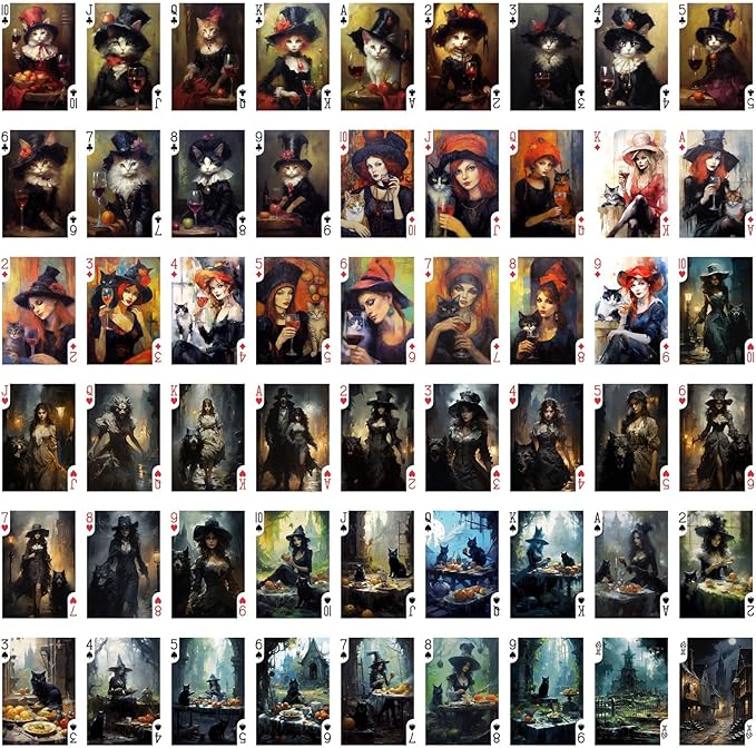 Wicca Witch Playing Cards (Poker Deck 54 Cards All Different) Elegant Witch Ladies with Black Cats Drinking Wine on Cemetery Vintage Illustration