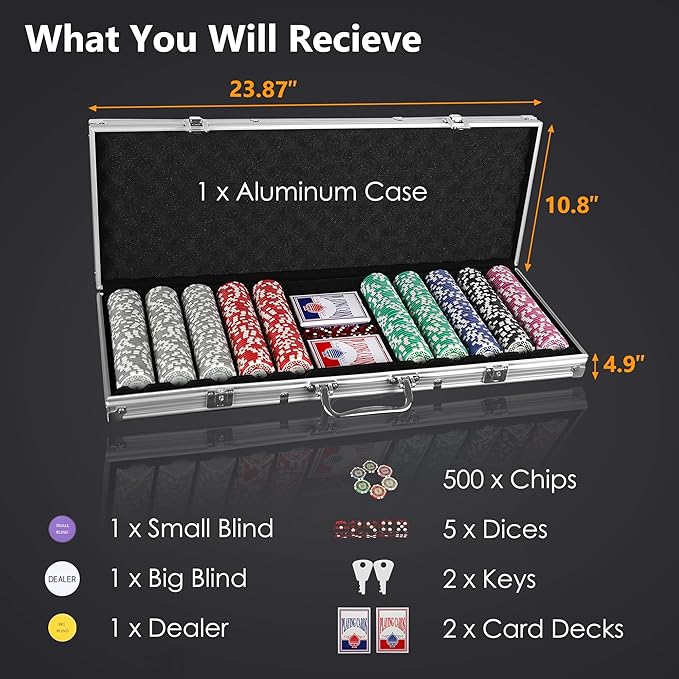 SHANTRA 500 PCS Poker Chips Poker Sets with Aluminum Case, Texas Hold?™Em Poker Set with 11.5 Gram Numbered Chips, Casino Chip Sets with 2 Decks of Plastic Playing Cards for Blackjack Gambling Games