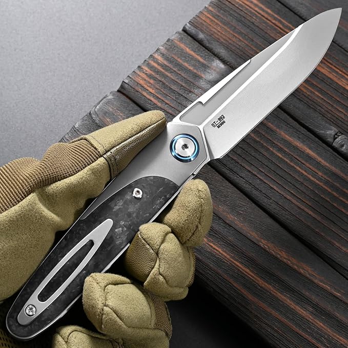 Sitivien ST992 Folding Pocket Knife,Handmade M390 Pearlescent Brushed Steel Blade,Titanium Carbon Fiber Handle EDC Tool Knife for Outdoor Camping,Hiking,Survival,Hunting(Gray) …
