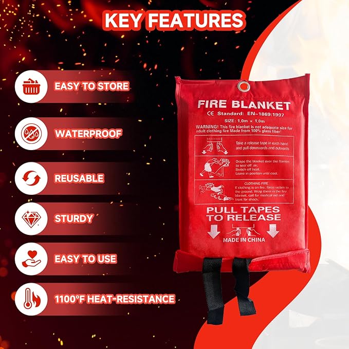 30 Packs Fire Blanket – 39.37x39.37 Inches, 1100℉ Heat Resistant, Emergency Fire Suppression Blanket for Kitchen, Home, Car, Camping – Easy to Use, Non-Toxic, Reusable, Compact & Lightweight
