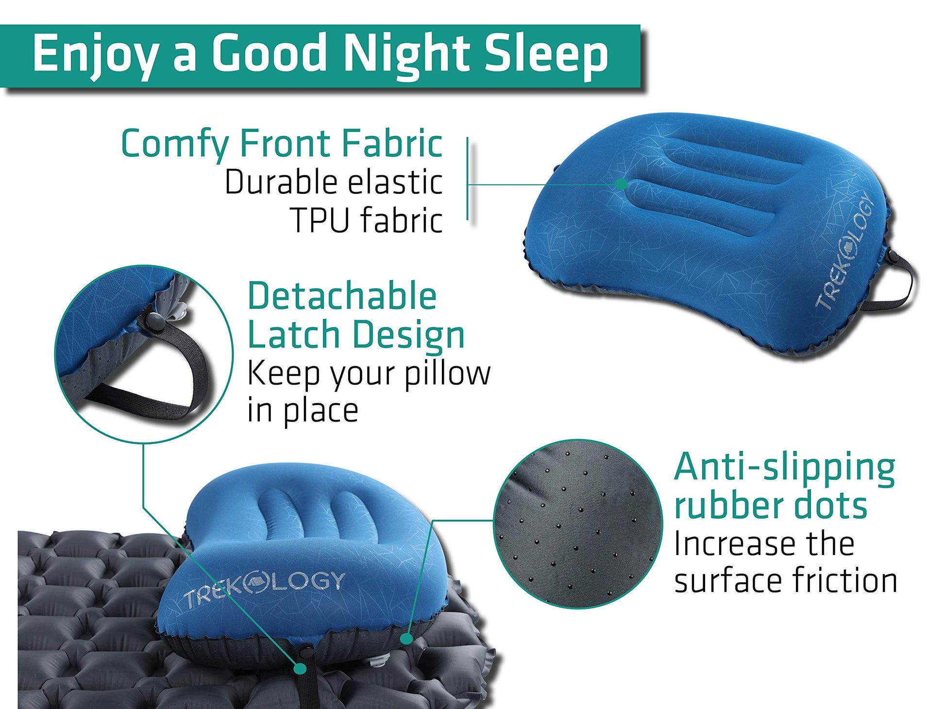 TREKOLOGY Ultralight Inflatable Camping Travel Pillow - ALUFT 2.0 Compressible, Compact