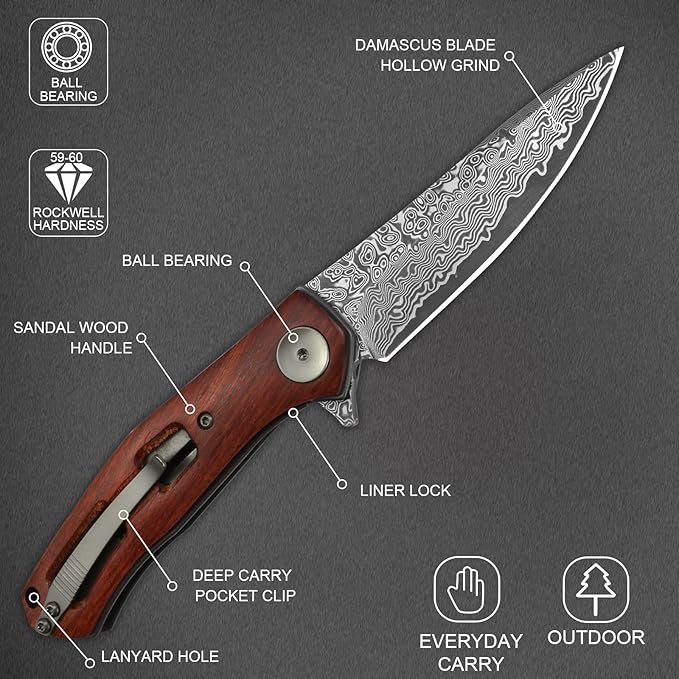 AUBEY Damascus Folding Pocket Knife Handmade with Clip for Men, Damascus Hunting Knife EDC Knife with Liner Lock for Outdoor Survival Camping Collection, Wooden Handle